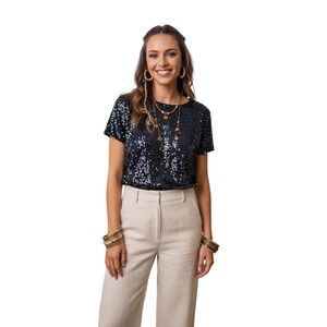 Leifsdottir XS Holiday Maximalist Swiftie Blue Full Sequin Short Sleeve Top‎